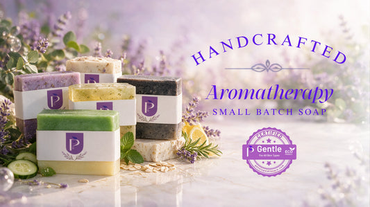 Handcrafted aromatherapy soap collection by Penelope Natural Skincare, featuring lavender, cucumber, charcoal, and botanical soap bars styled with fresh herbs and flowers.