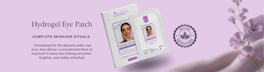 Penelope Natural Skincare Hydrogel Eye Patch collection banner featuring under-eye patch packaging on a soft lavender background with purple flowers.