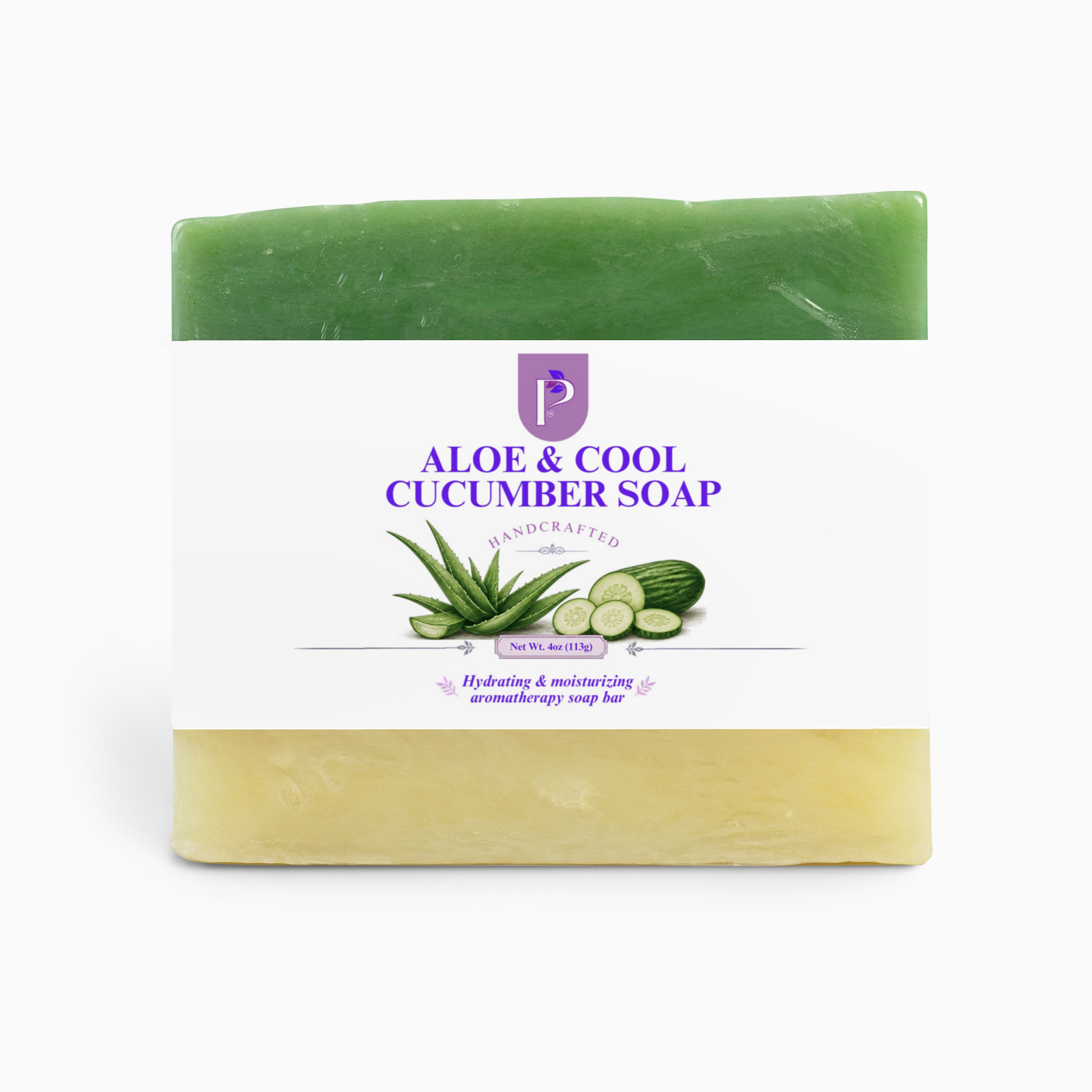 A handcrafted Aloe & Cool Cucumber soap bar with a white paper label, featuring a green top half and a pale yellow bottom half, on a clean white background.