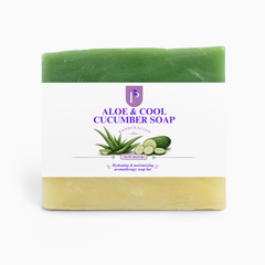 A handcrafted Aloe & Cool Cucumber soap bar with a white paper label, featuring a green top half and a pale yellow bottom half, on a clean white background.
