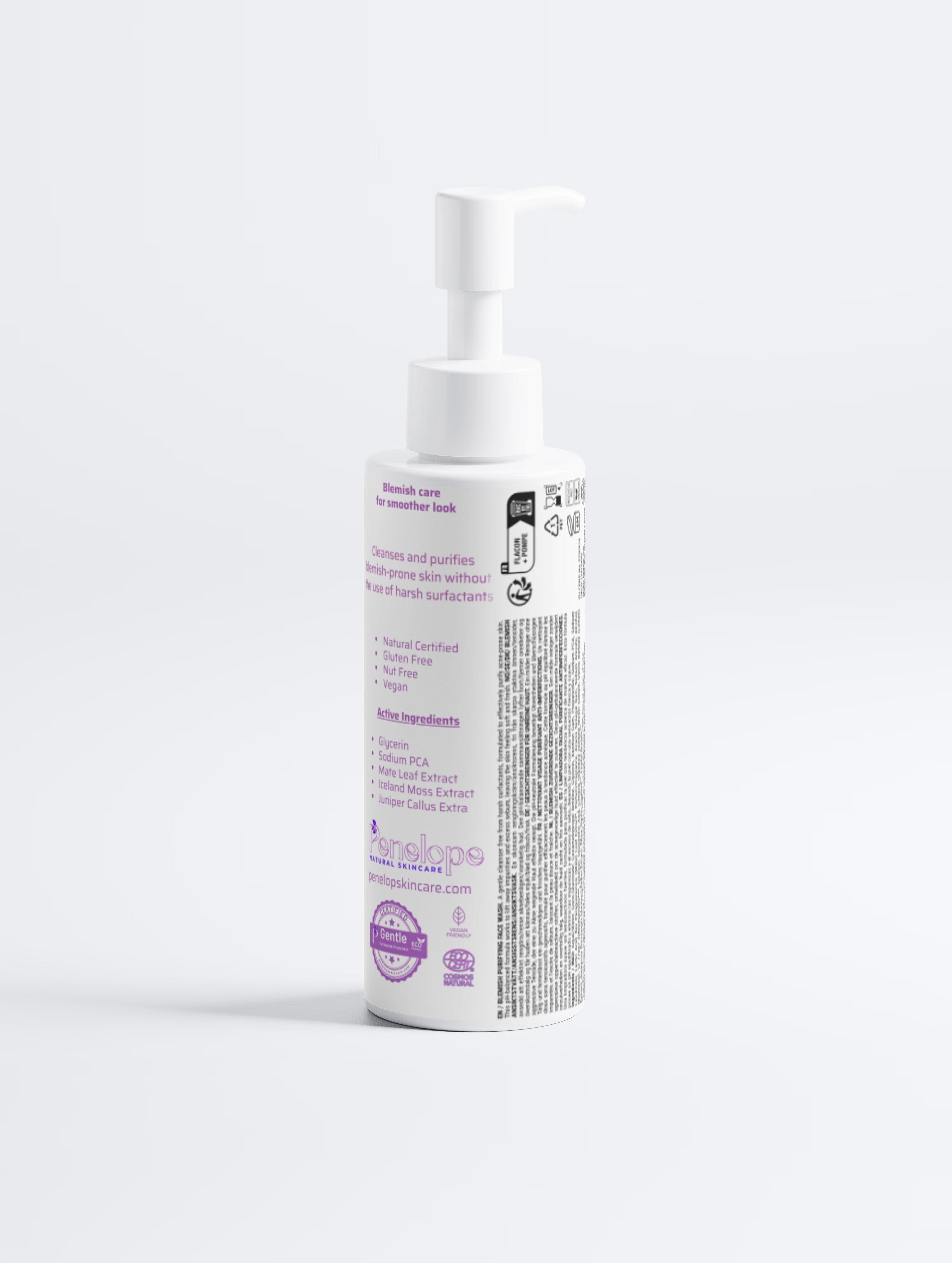 A white pump bottle of envelope Cleanser & Softener hand wash with purple text and graphics, shown on a clean white background.