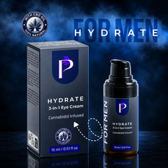 Hydrate 3-in-1 Eye Cream by P, shown in its dark blue and black retail box alongside the matching pump bottle. The packaging features a prominent purple 'P' logo and a 'With CBD Oil 100% Natural' badge.