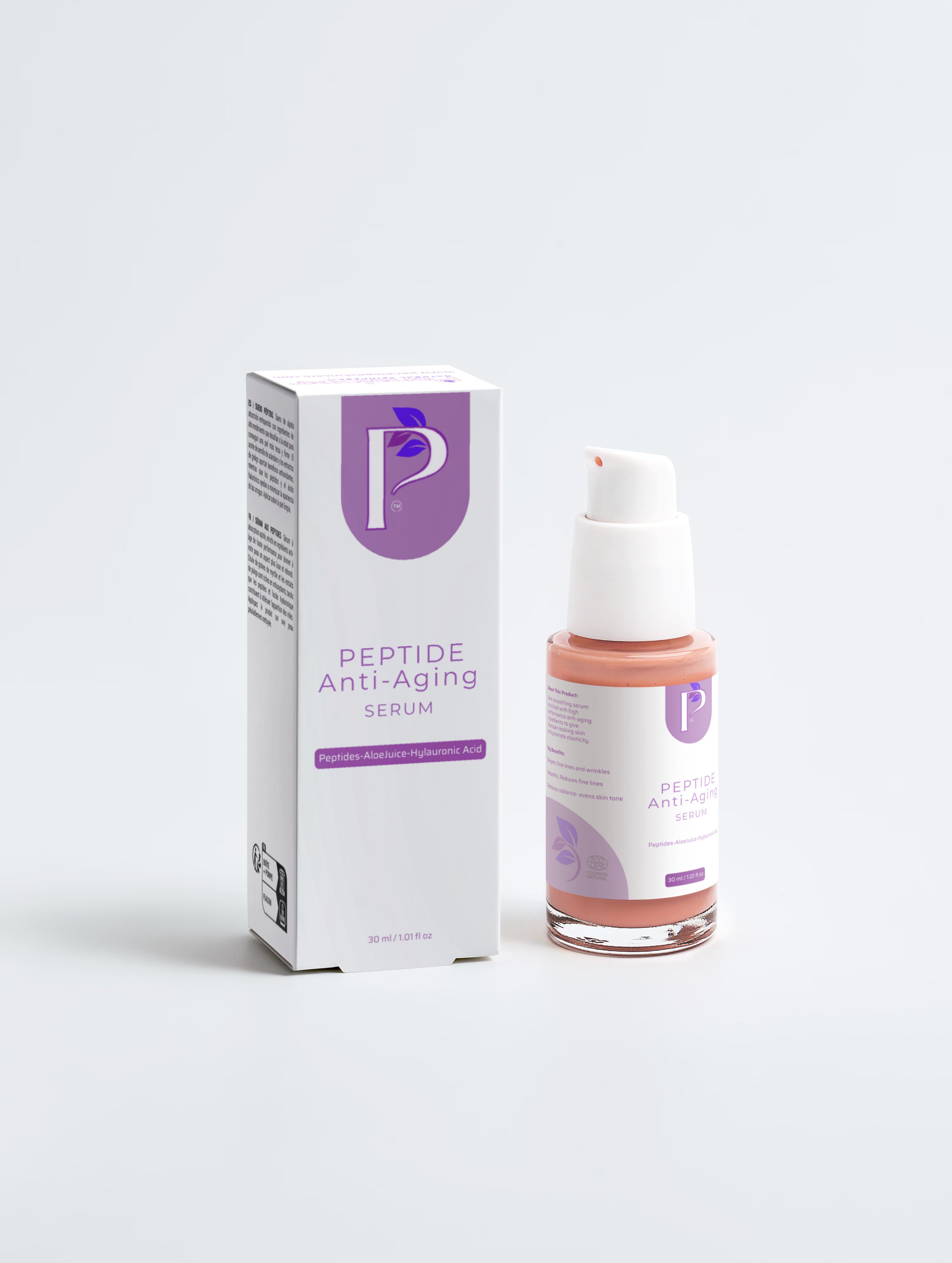 Peptide Anti-Aging Serum by P in a peach-colored pump bottle with a white cap, shown next to its white and purple packaging box on a light gray background.