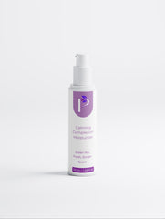 A white pump bottle of Pimpless Calming Complexion Moisturizer with a purple logo and text, set against a clean white background.