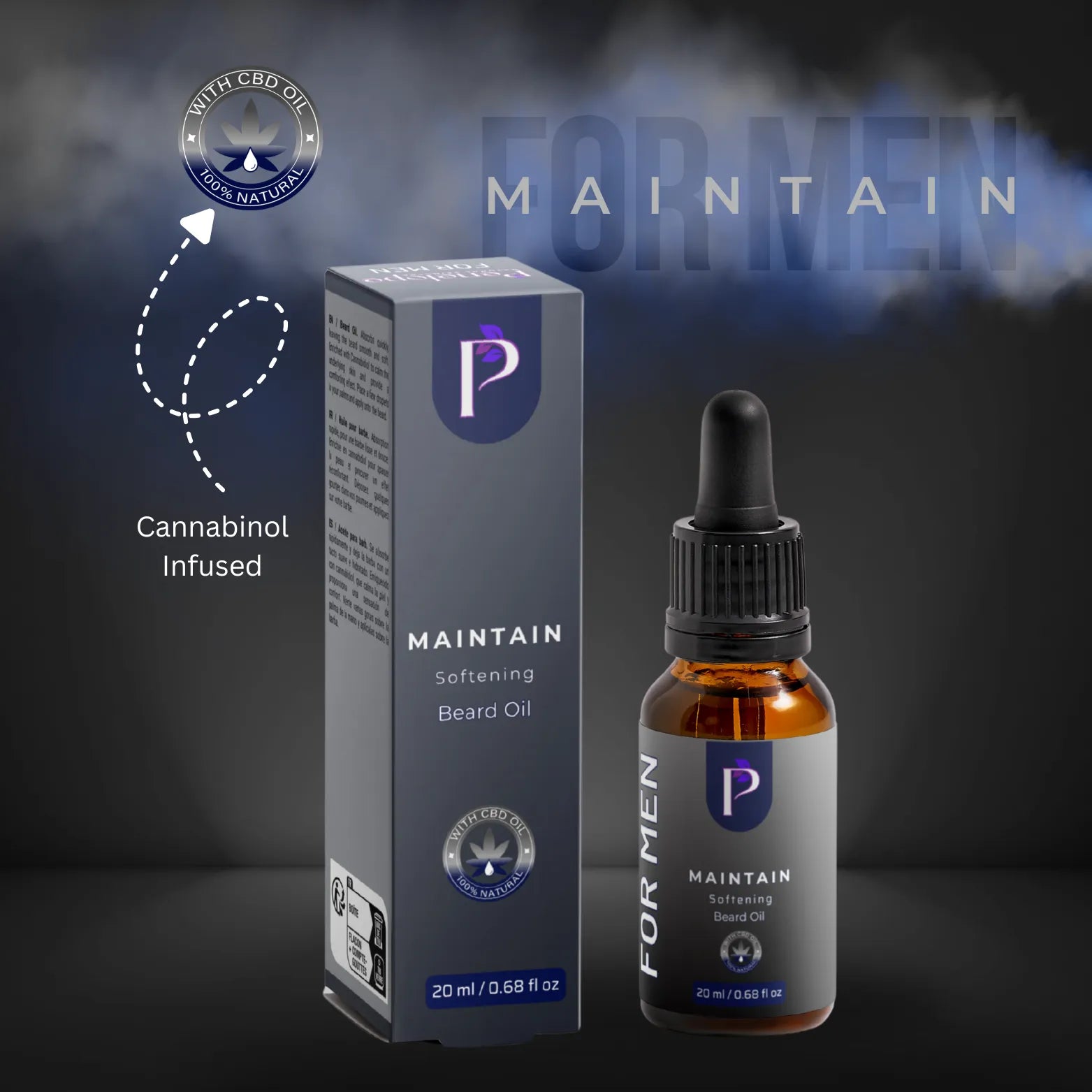 Maintain Softening Beard Oil by For Men, shown as a dark gray retail box next to a 20 ml amber glass dropper bottle with a black cap. The packaging features a purple 'P' logo and a white 'MAINTAIN' brand name, with a badge indicating 'Whitcroft Oil 100% Natural' and 'Cannabinol Infused'.