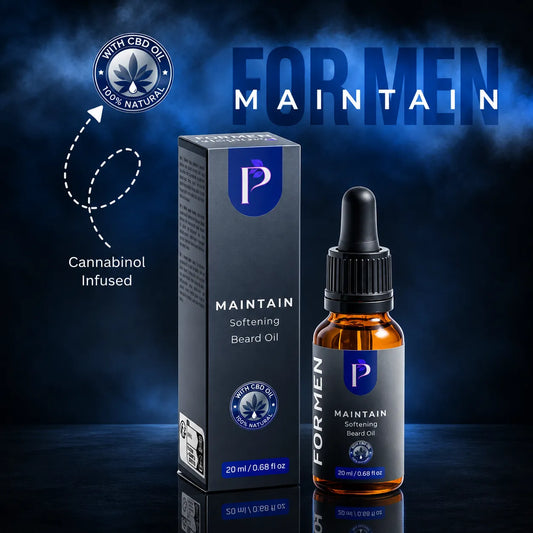 Maintain Softening Beard Oil bottle and box on a dark reflective surface with a blue smoky background. The amber glass bottle has a black dropper cap, and the box is dark gray with a blue logo.