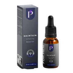 A bottle of beard oil next to its retail box on a plain white background. The product is 'Maintain Softening Beard Oil' by the brand 'FOR MEN', featuring a dark gray label with a purple 'P' logo and an amber glass bottle with a black dropper cap.