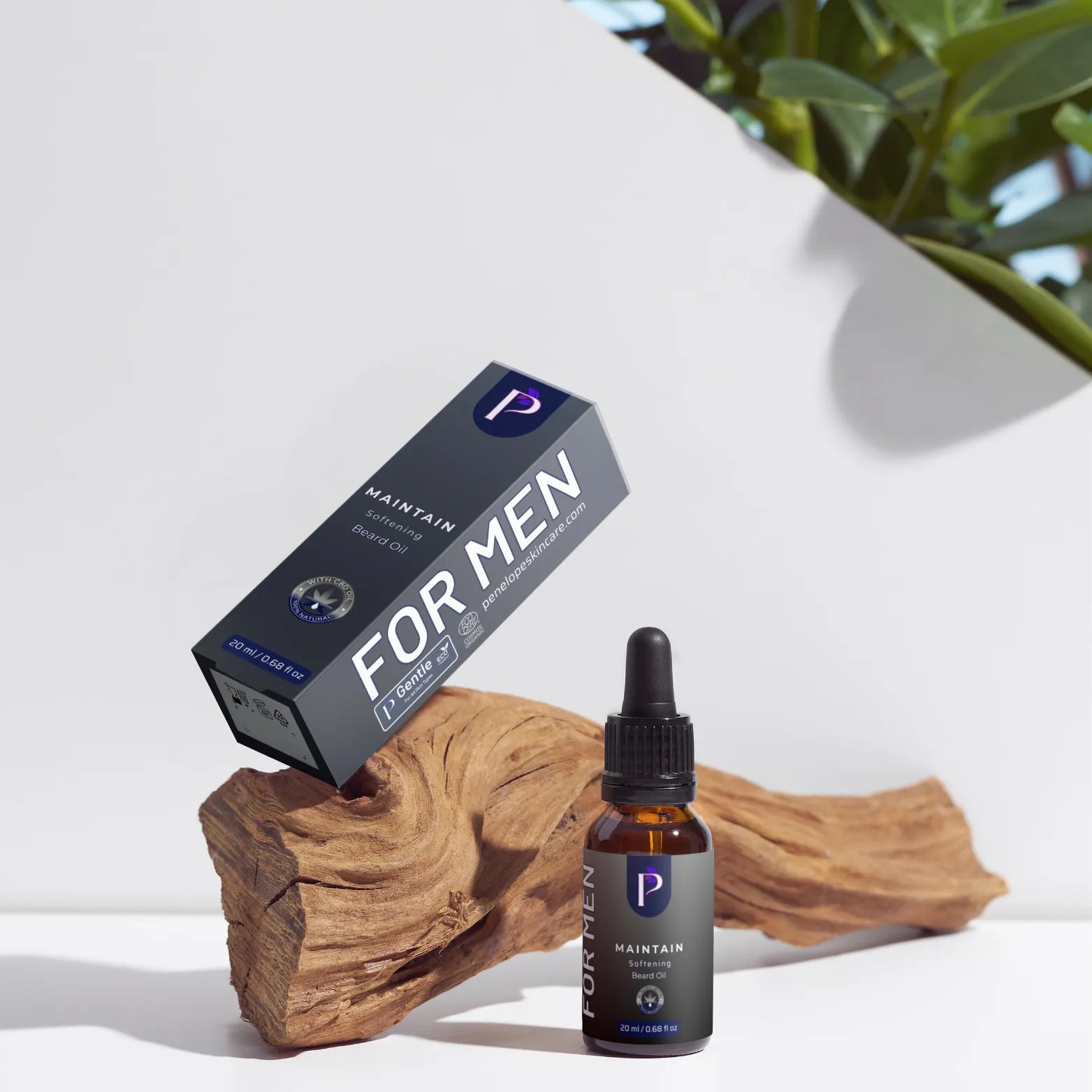 A bottle of PUNTS FOR MEN Maintain 17% Strength Nicotine Salve next to its black packaging box, styled on a piece of natural driftwood with a white background and a green plant in the corner.
