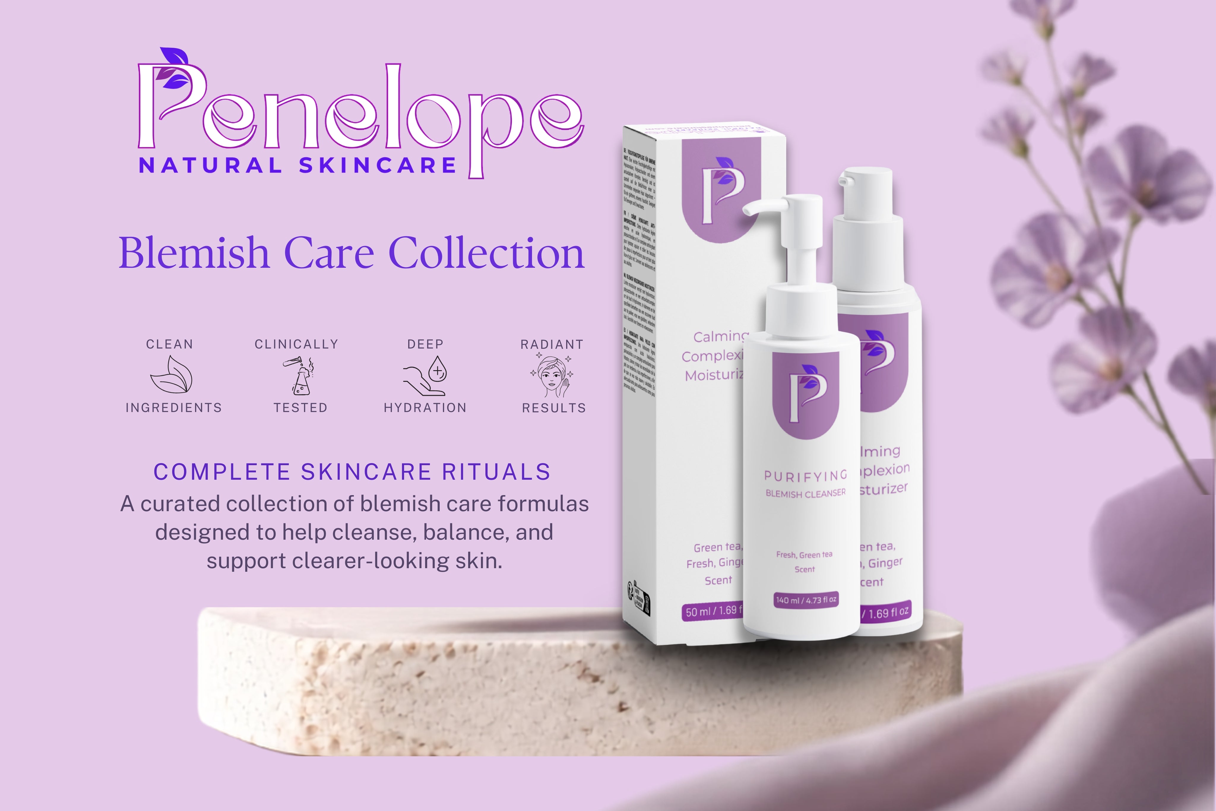 Penelope Natural Skincare Blemish Care Collection featuring Purifying Blemish Moisturizer and Purifying Blemish Cleanser bottles alongside their packaging box, displayed on a stone slab with a soft lavender background and decorative lavender sprigs.