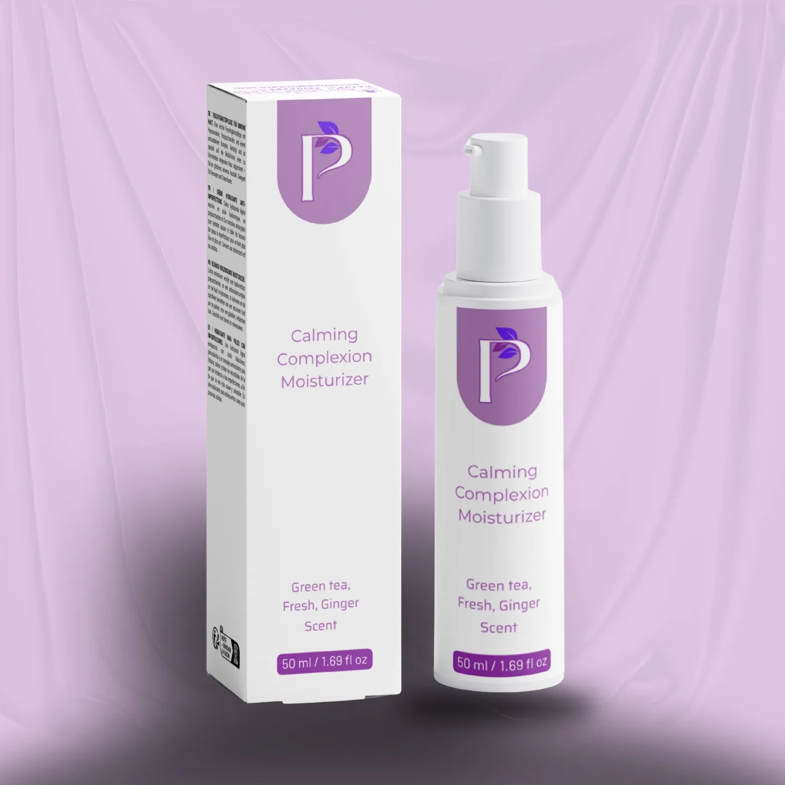 White bottle and box of complexion moisturizer from penelope natural skincare on a pink background