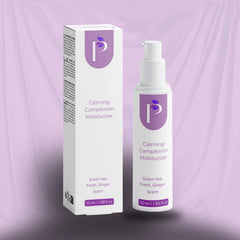 White bottle and box of complexion moisturizer from penelope natural skincare on a pink background