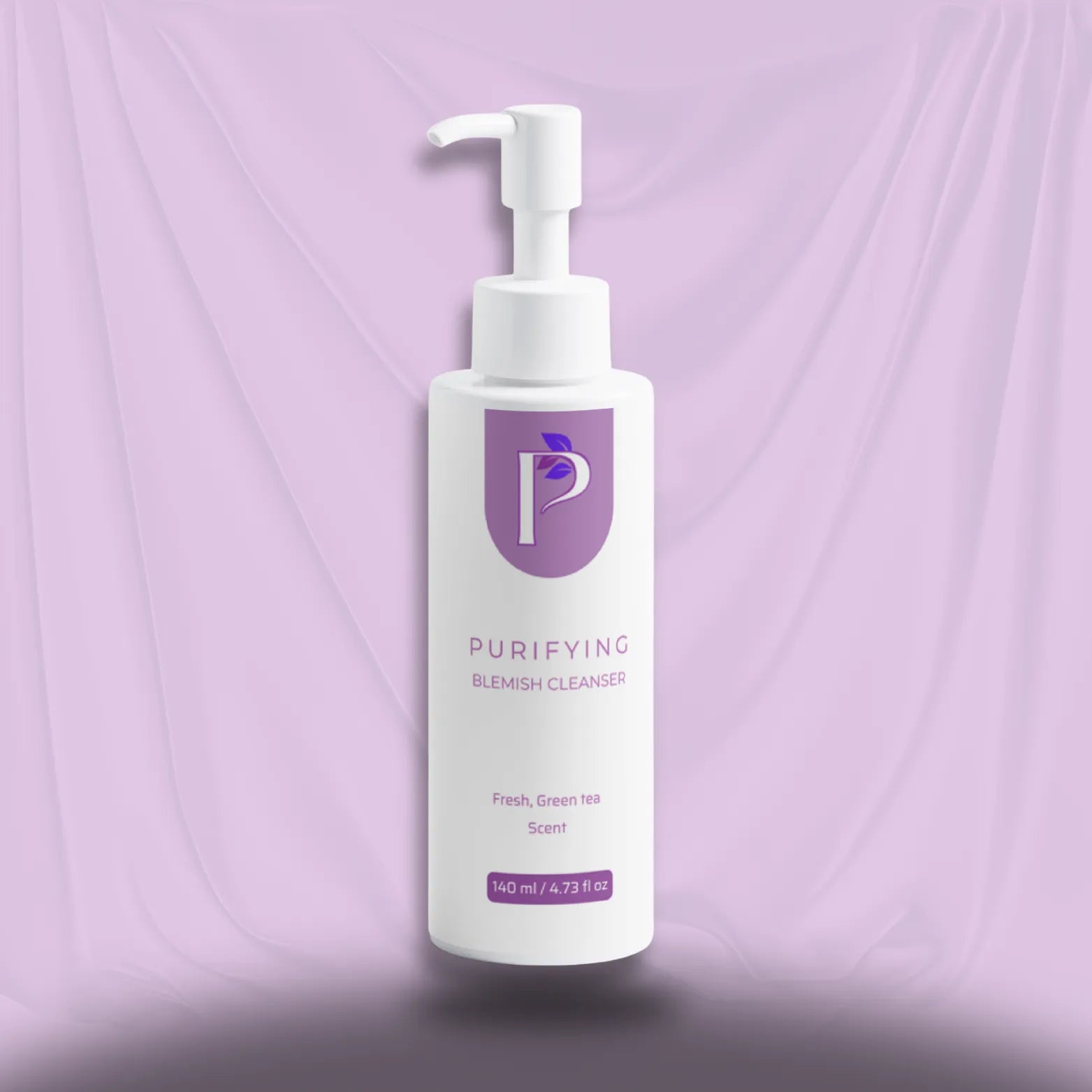A white pump bottle of Purifying Blemish Cleanser with a purple logo and text, set against a draped lavender fabric background.
