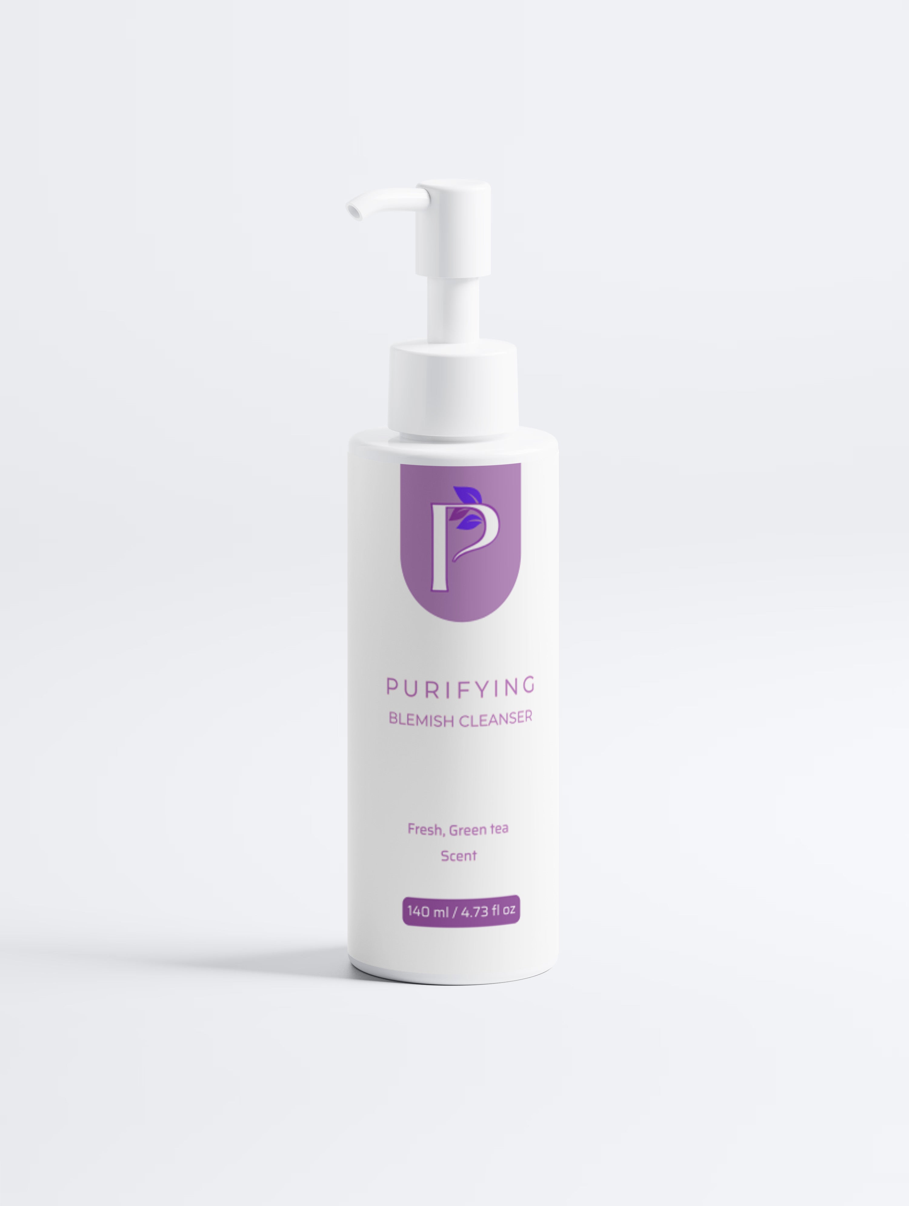 A white pump bottle of Purifying Blemish Cleaner with purple branding and text, shown on a clean white background.
