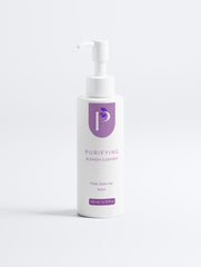 A white pump bottle of Purifying Blemish Cleaner with purple branding and text, shown on a clean white background.