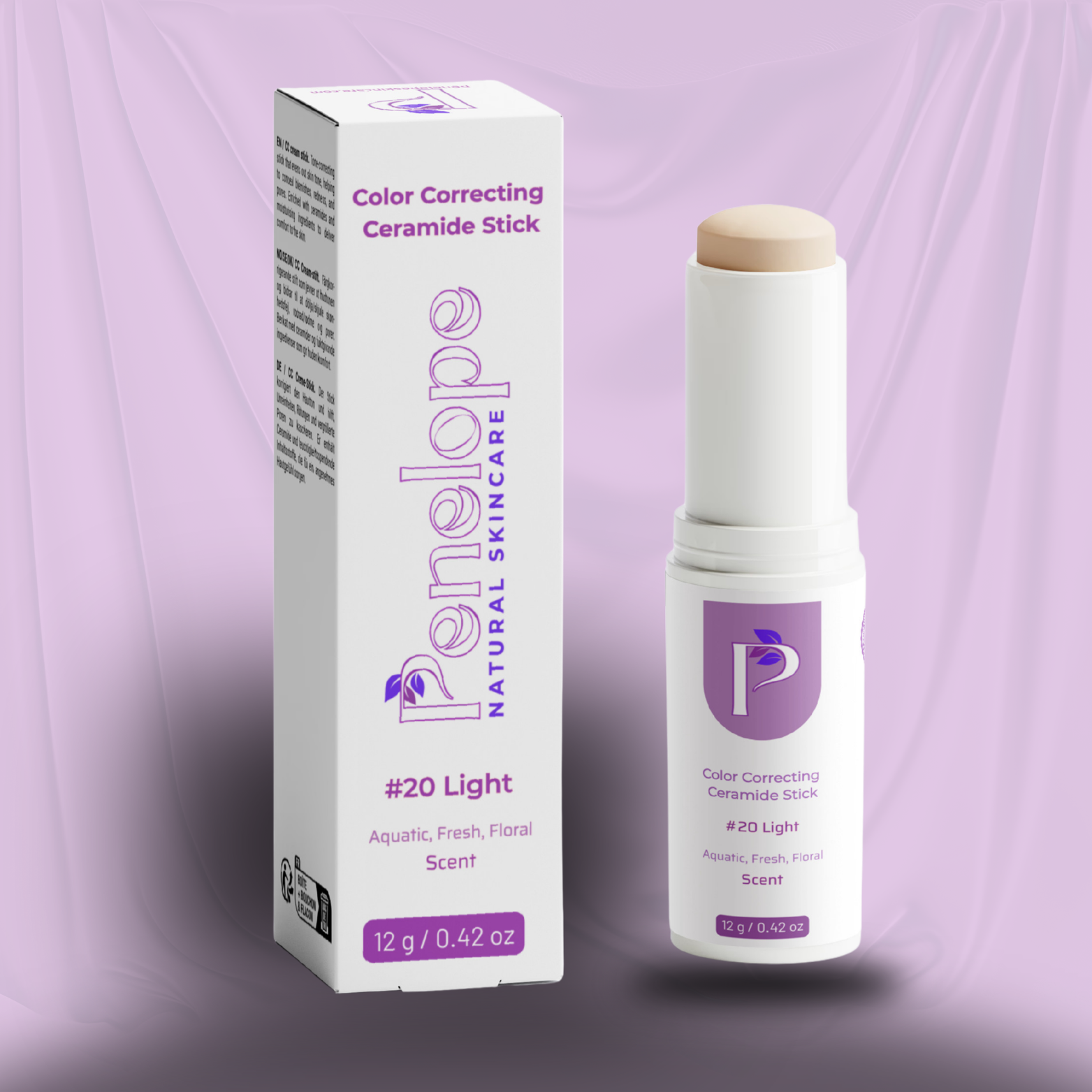 A color correcting ceramide stick by Penelope Natural Skincare, shown next to its white packaging box. The stick has a light beige shade labeled '#20 Light' and features a purple logo with a 'P'.