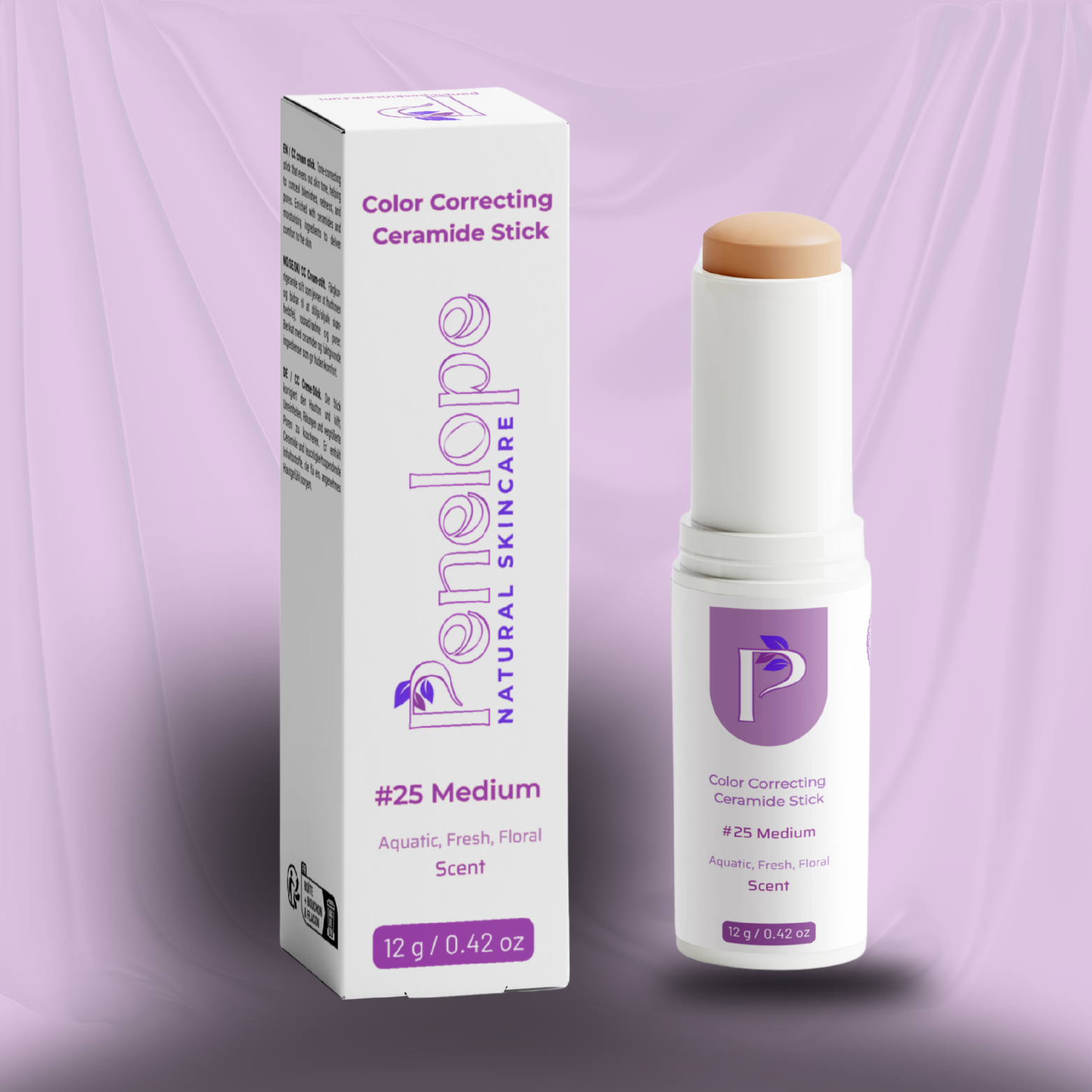 A white cosmetic box and matching bottle of Penelope Natural Skincare Color Correcting Ceramide Stick #25 Medium, shown on a soft lavender background. The stick top is a light peach-beige shade, and the packaging features purple branding and text.
