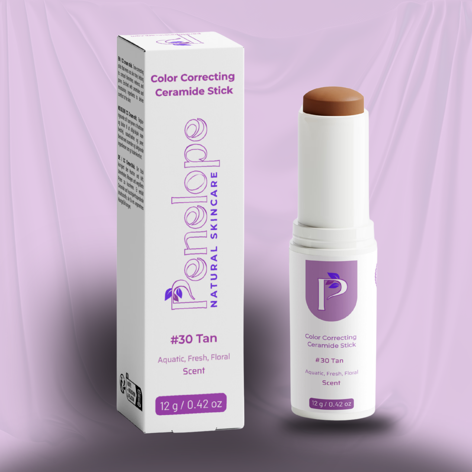 A cosmetic color correcting ceramide stick shown next to its retail box. The stick has a white body with a light brown/tan cosmetic product visible at the top, and the box and label feature purple branding and text.