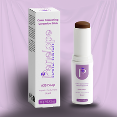 A cosmetic color correcting ceramide stick shown next to its retail box. The product is labeled 'Penebope Natural Skincare' and is shade '#35 Deep', with a white bottle, a brown applicator tip, and purple branding details, set against a lavender background.