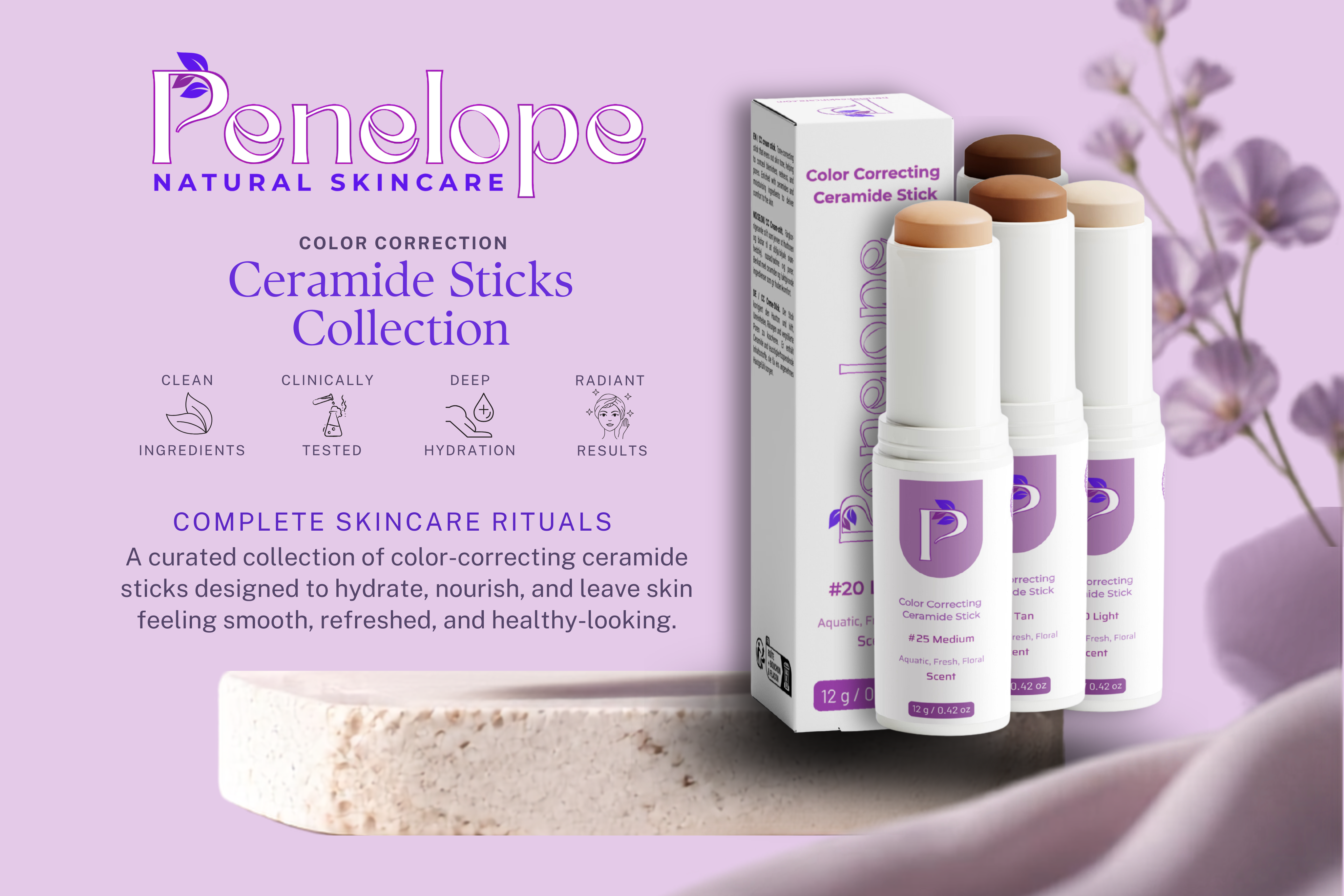 Color Correction Ceramide Sticks Collection hero banner showing four Penelope ceramide sticks and packaging on a pink background.