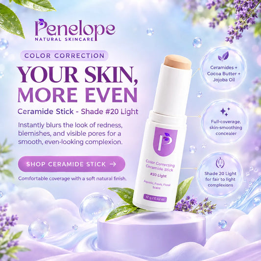 Penelope Natural Skincare Color Correction Ceramide Stick in Shade #20 Light, shown as a white stick with a lavender and white label on a purple pedestal, surrounded by decorative bubbles, lavender, and text highlighting skin benefits.