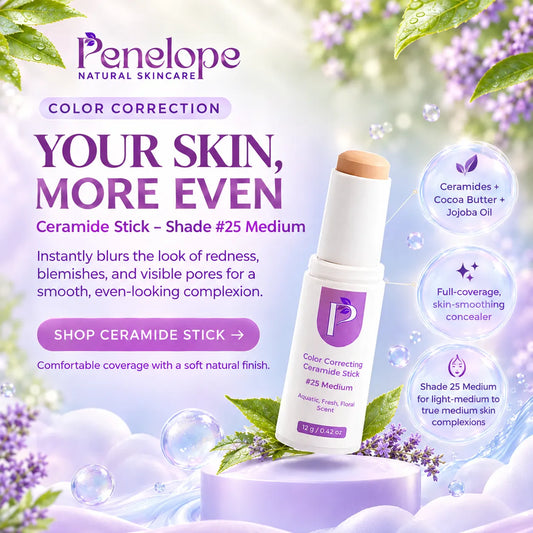 Penelope Natural Skincare Color Correcting Ceramide Stick in shade #25 Medium, shown as a white stick with a purple cap and beige tip, surrounded by purple lavender graphics, bubbles, and text callouts on a soft pastel background.