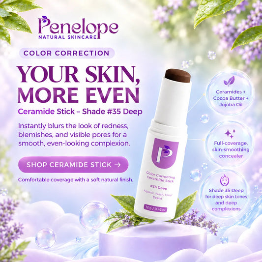 Penelope Natural Skincare Color Correction Ceramide Stick in shade #35 Deep, shown as a white stick with a brown cap and purple label, surrounded by purple lavender graphics, bubbles, and text highlighting skin benefits.
