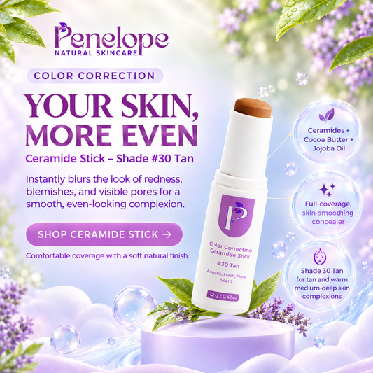 Penelope Natural Skincare Color Correcting Ceramide Stick in shade #30 Tan, shown as a white stick with a brown cap on a purple and green botanical background with promotional text and callout bubbles.