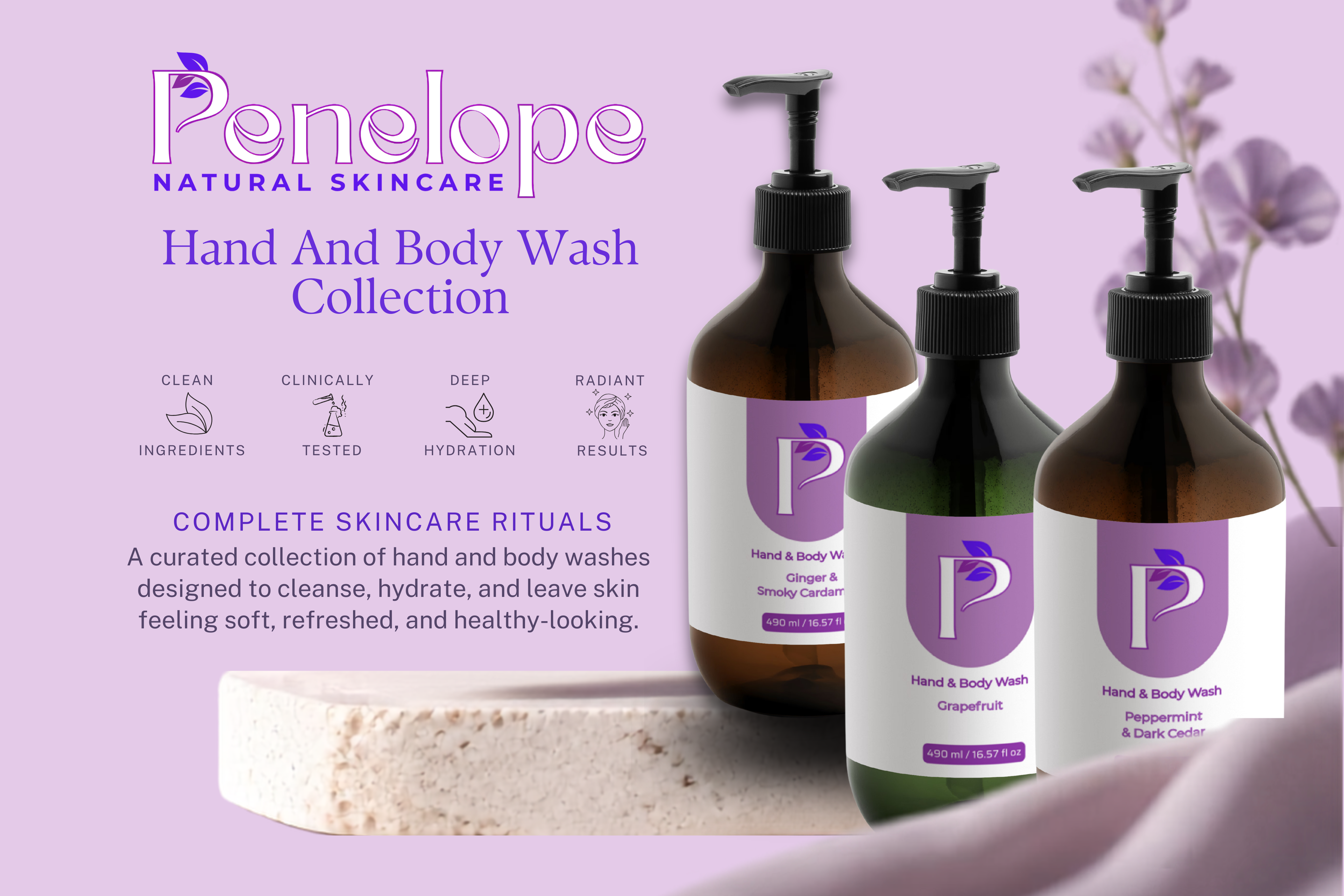 Penelope Natural Skincare Hand And Body Wash Collection featuring three pump bottles in amber, green, and dark brown with purple labels, displayed alongside a bar of soap on a lavender background with product details.