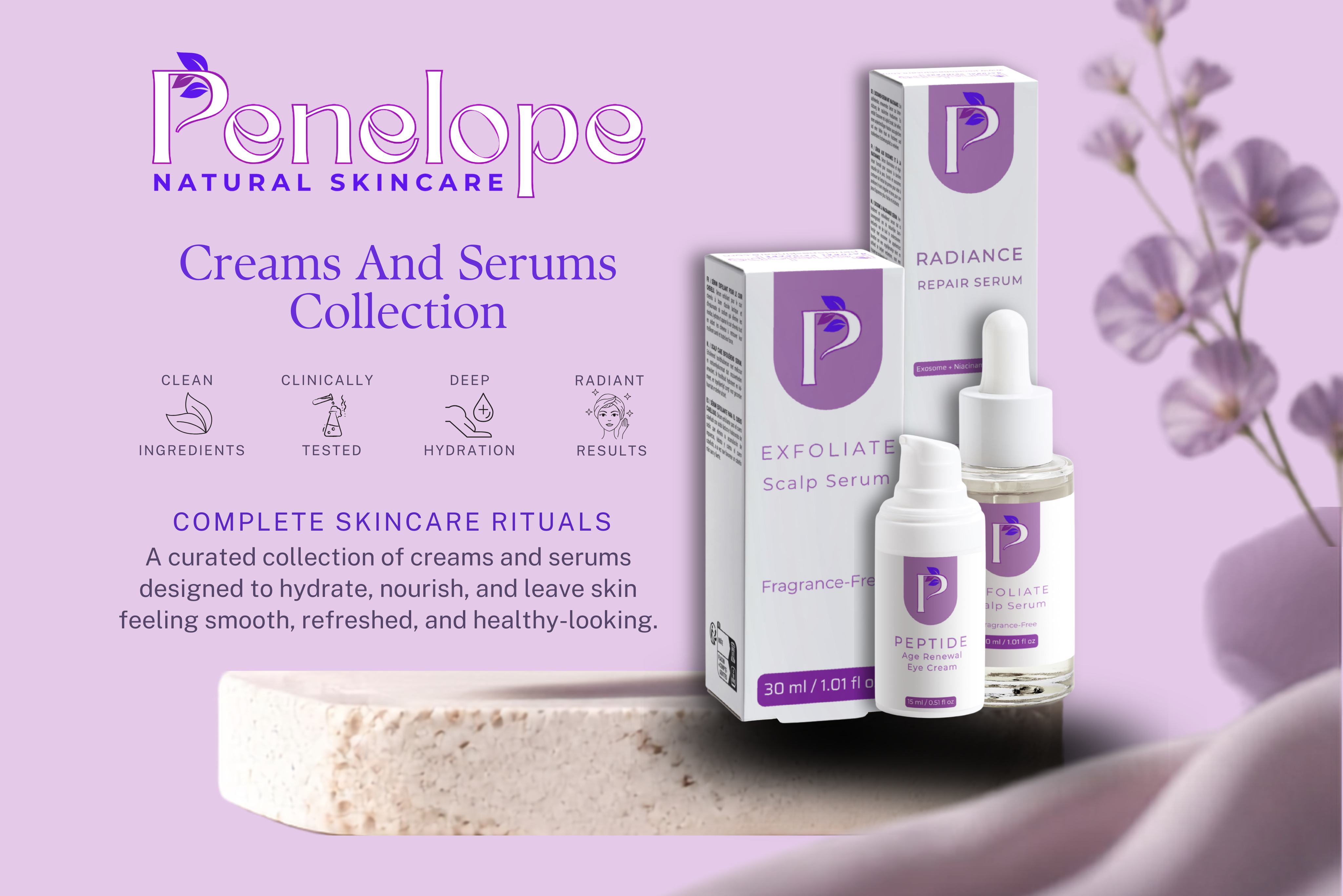 Penelope Natural Skincare Exfoliate Scalp Serum and Peptide Cream set with their packaging boxes, displayed alongside a bar of soap on a lavender background with decorative text and botanical elements.