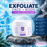 Penelope Natural Skincare Exfoliate Face + Body Icelandic Volcanic Sand scrub in a white jar on volcanic rock, set against icy blue mountains and water, with benefits for smoothing rough texture and refining the look of dry skin