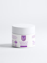 A white jar of Exfoliate Intensive Volume Sand Face & Body wash with purple text and logo, set against a clean white background.