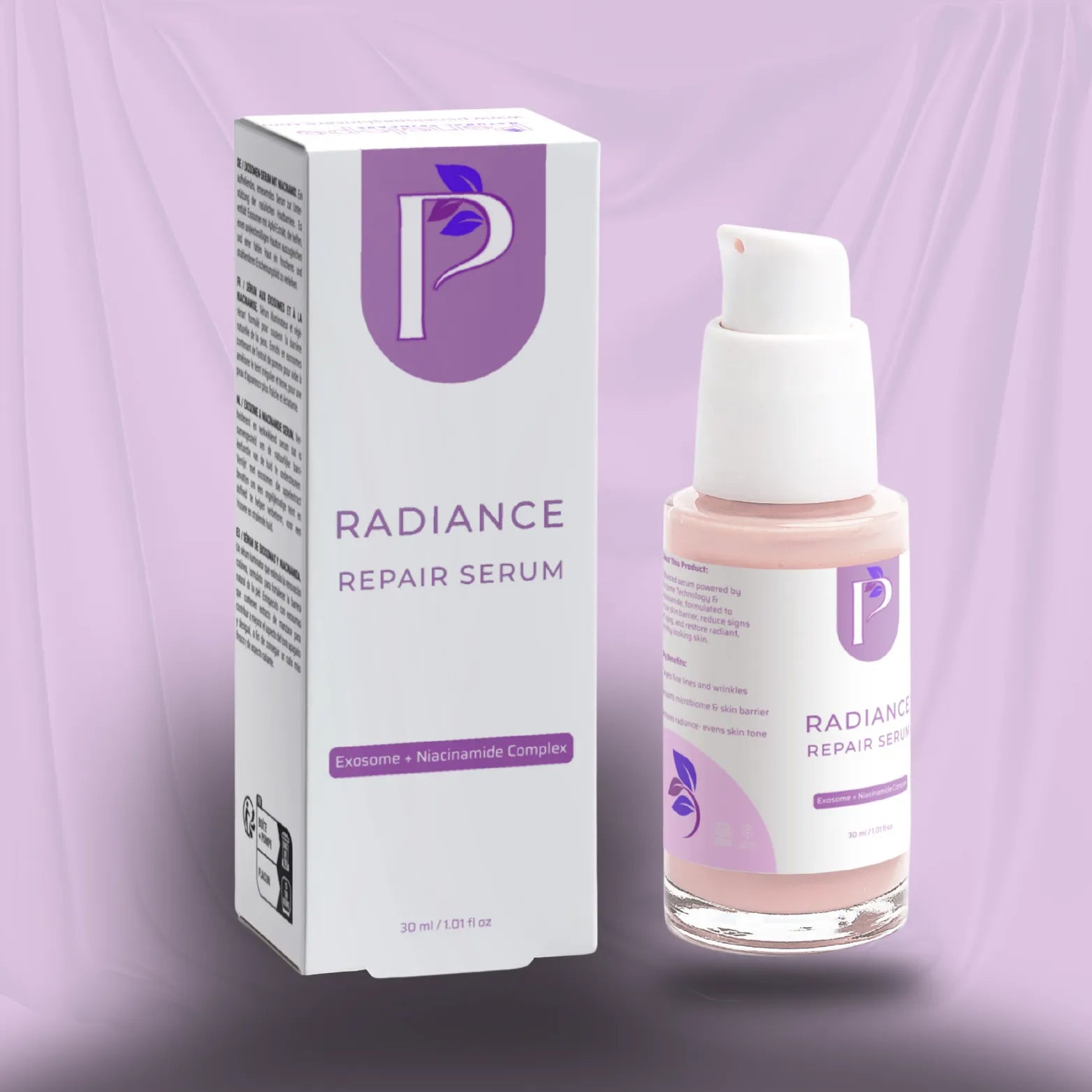 Radiance Repair Serum by P, shown with its white and purple packaging box and a clear pump bottle containing a pale pink liquid, set against a draped lavender background.