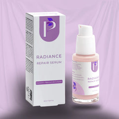 Radiance Repair Serum by P, shown with its white and purple packaging box and a clear pump bottle containing a pale pink liquid, set against a draped lavender background.
