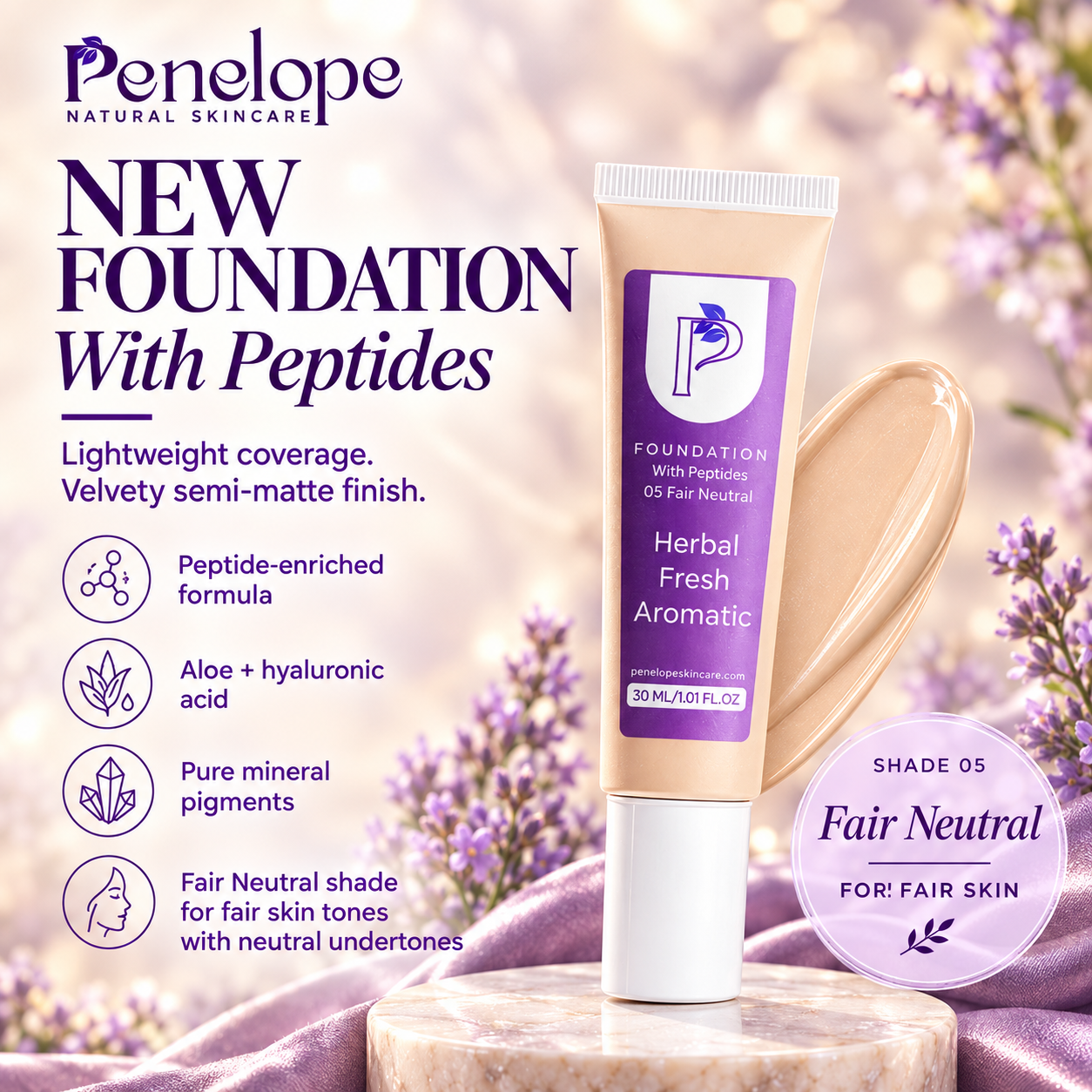 Penelope Natural Skincare Foundation tube in shade 05 Fair Neutral, displayed on a marble pedestal with a cream smear behind it, surrounded by lavender flowers and product information text.