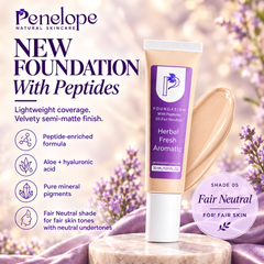 Penelope Natural Skincare Foundation tube in shade 05 Fair Neutral, displayed on a marble pedestal with a cream smear behind it, surrounded by lavender flowers and product information text.