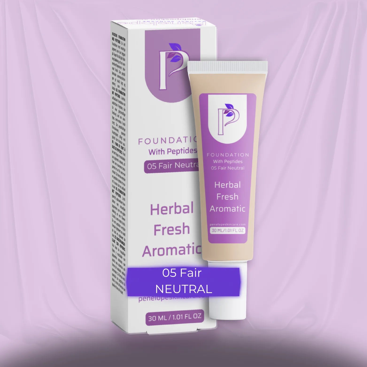 A cosmetic foundation tube labeled 'Foundation With Peptides Herbal Fresh Aromatic' stands in front of its matching retail box. The packaging is white with lavender-purple branding and text, including '05 Fair NEUTRAL.