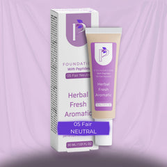 A cosmetic foundation tube labeled 'Foundation With Peptides Herbal Fresh Aromatic' stands in front of its matching retail box. The packaging is white with lavender-purple branding and text, including '05 Fair NEUTRAL.