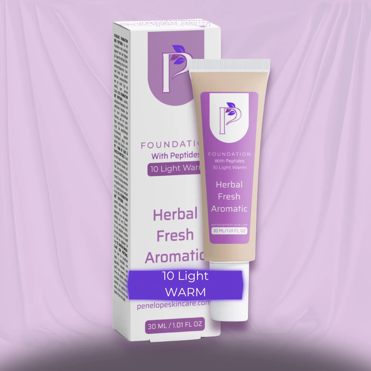 Foundation cream tube and its packaging box, both featuring a purple and white design with the brand logo 'P' and text 'Foundation With Peptides Herbal Fresh Aromatic 10 Light Warm'.