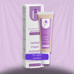 Foundation cream tube and its packaging box, both featuring a purple and white design with the brand logo 'P' and text 'Foundation With Peptides Herbal Fresh Aromatic 10 Light Warm'.