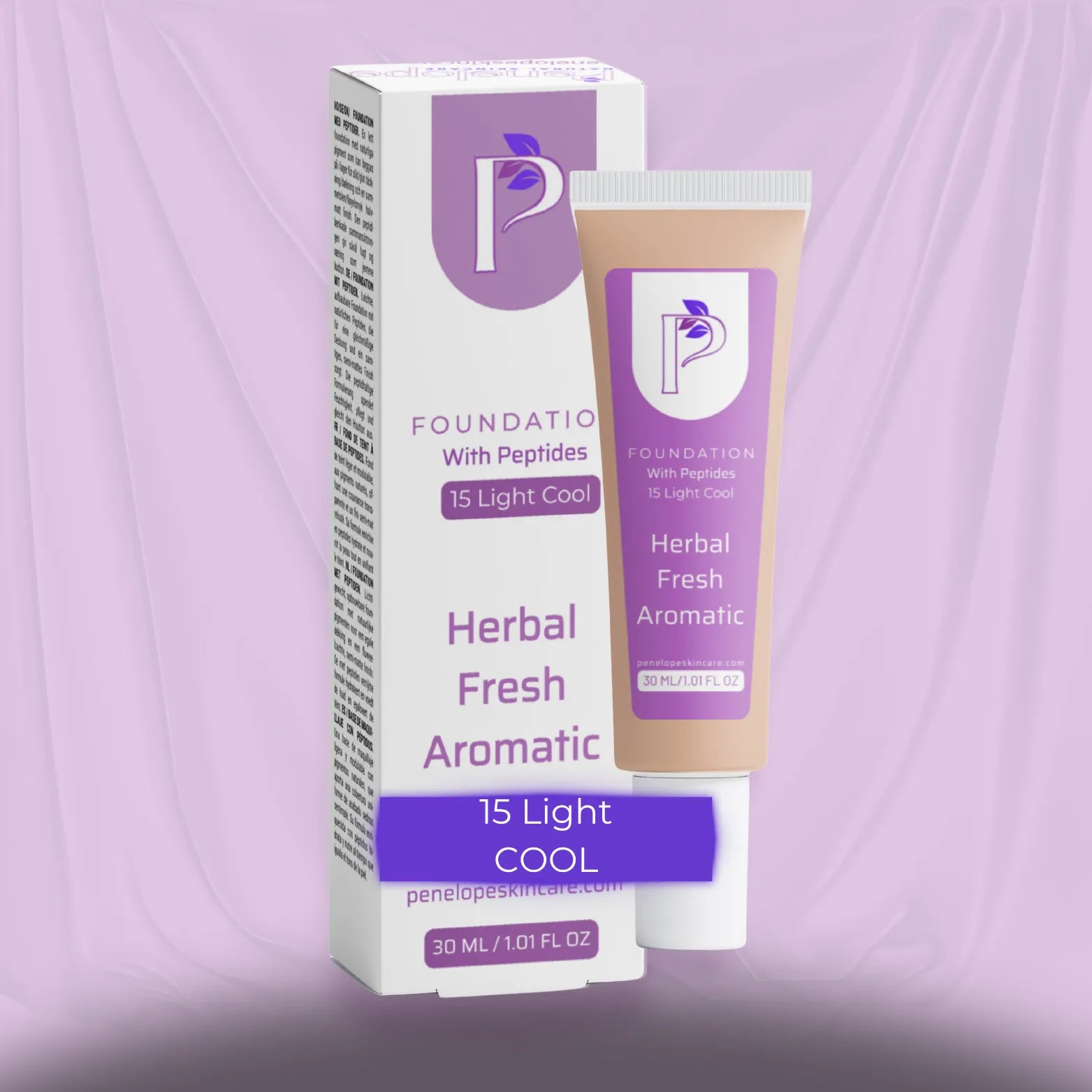 A tube of Pelepepsi Foundation with Peptides, Herbal Fresh Aromatic, in shade 15 Light Cool, shown next to its white and purple packaging box against a draped lavender background.