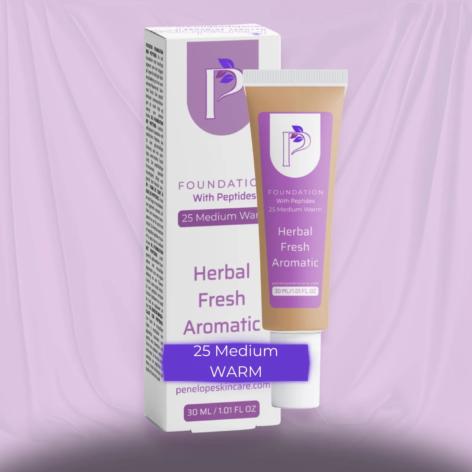 Foundation tube and packaging box for Penelope's Care 'Foundation With Peptides' in Herbal Fresh Aromatic shade 25 Medium Warm, shown against a draped lavender background.