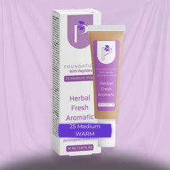 Foundation tube and packaging box for Penelope's Care 'Foundation With Peptides' in Herbal Fresh Aromatic shade 25 Medium Warm, shown against a draped lavender background.