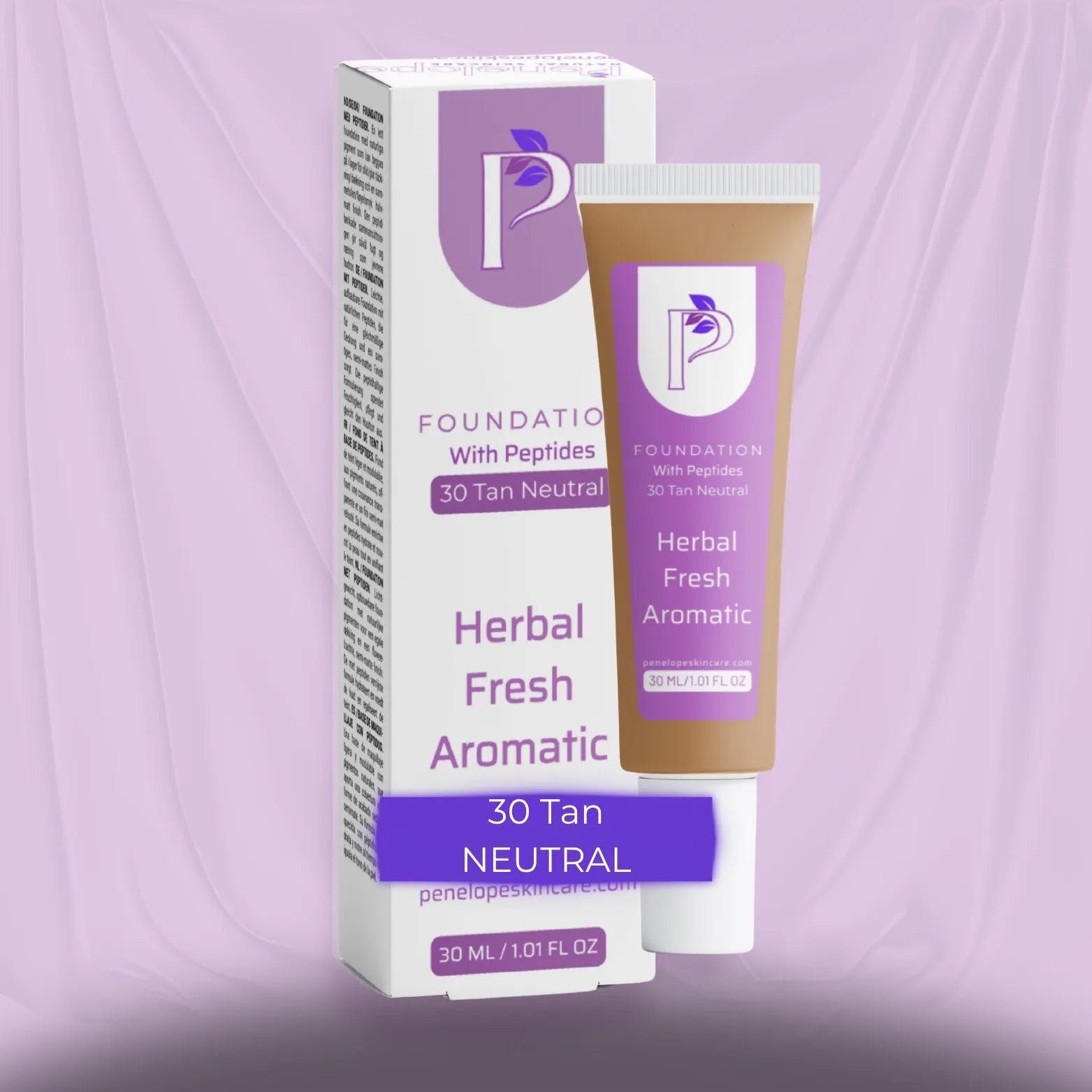 A tube and box of Foundation With Peptides by P&G, in the Herbal Fresh Aromatic scent, 30 Tan Neutral shade. The packaging features a white base with a prominent purple label and logo, set against a draped lavender background.