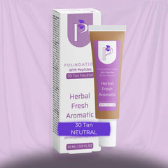 A tube and box of Foundation With Peptides by P&G, in the Herbal Fresh Aromatic scent, 30 Tan Neutral shade. The packaging features a white base with a prominent purple label and logo, set against a draped lavender background.