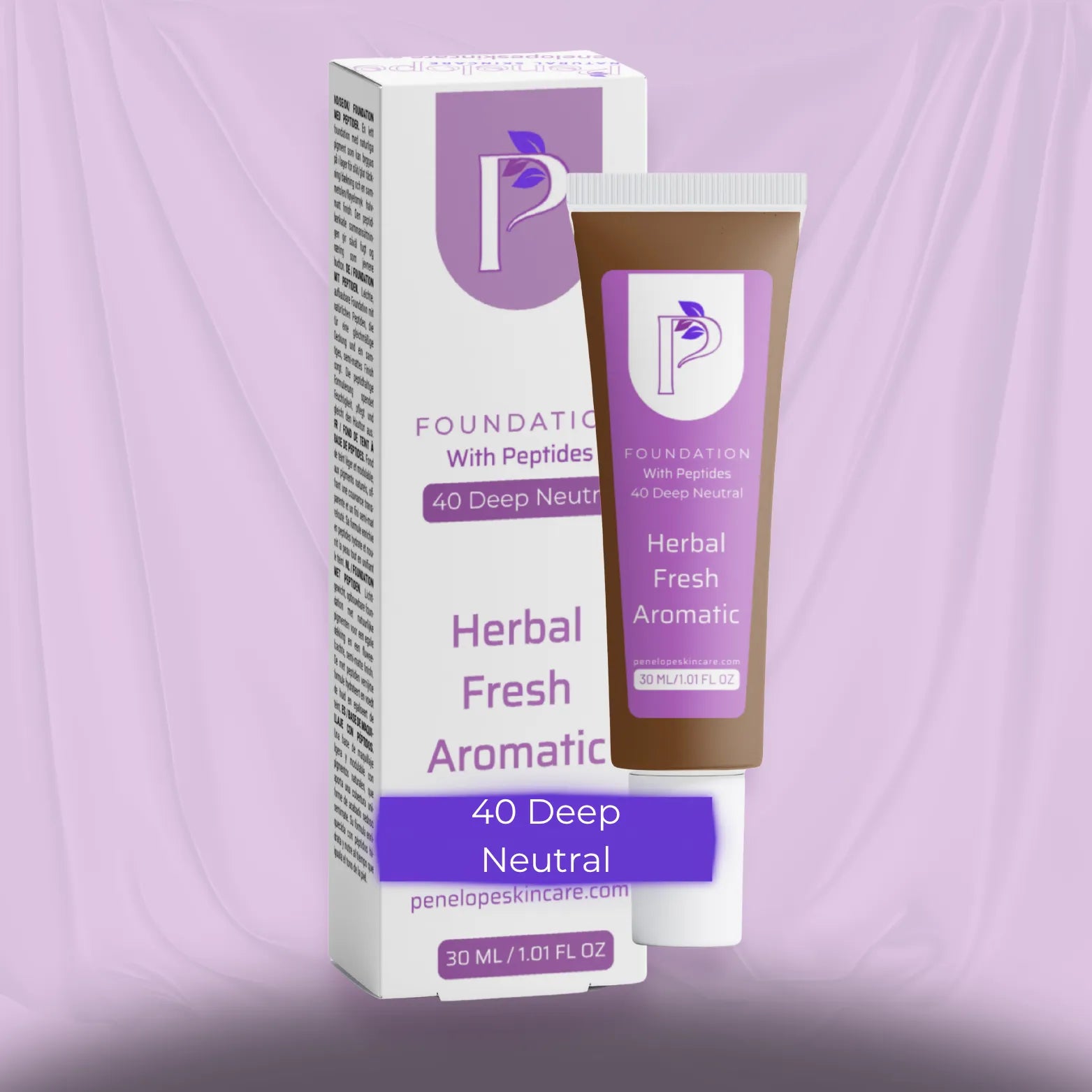 A cosmetic foundation tube labeled 'Herbal Fresh Aromatic' stands in front of its matching retail box. The packaging is white with a lavender-purple logo and text, and the tube body is brown.