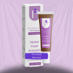A cosmetic foundation tube labeled 'Herbal Fresh Aromatic' stands in front of its matching retail box. The packaging is white with a lavender-purple logo and text, and the tube body is brown.