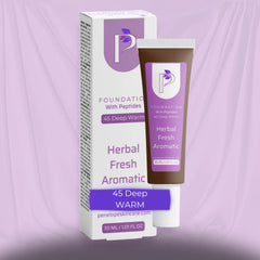 A cosmetic foundation tube and its matching retail box from Penelope's Skin Care, featuring a white and purple color scheme with a brown section on the tube, set against a draped lavender background.