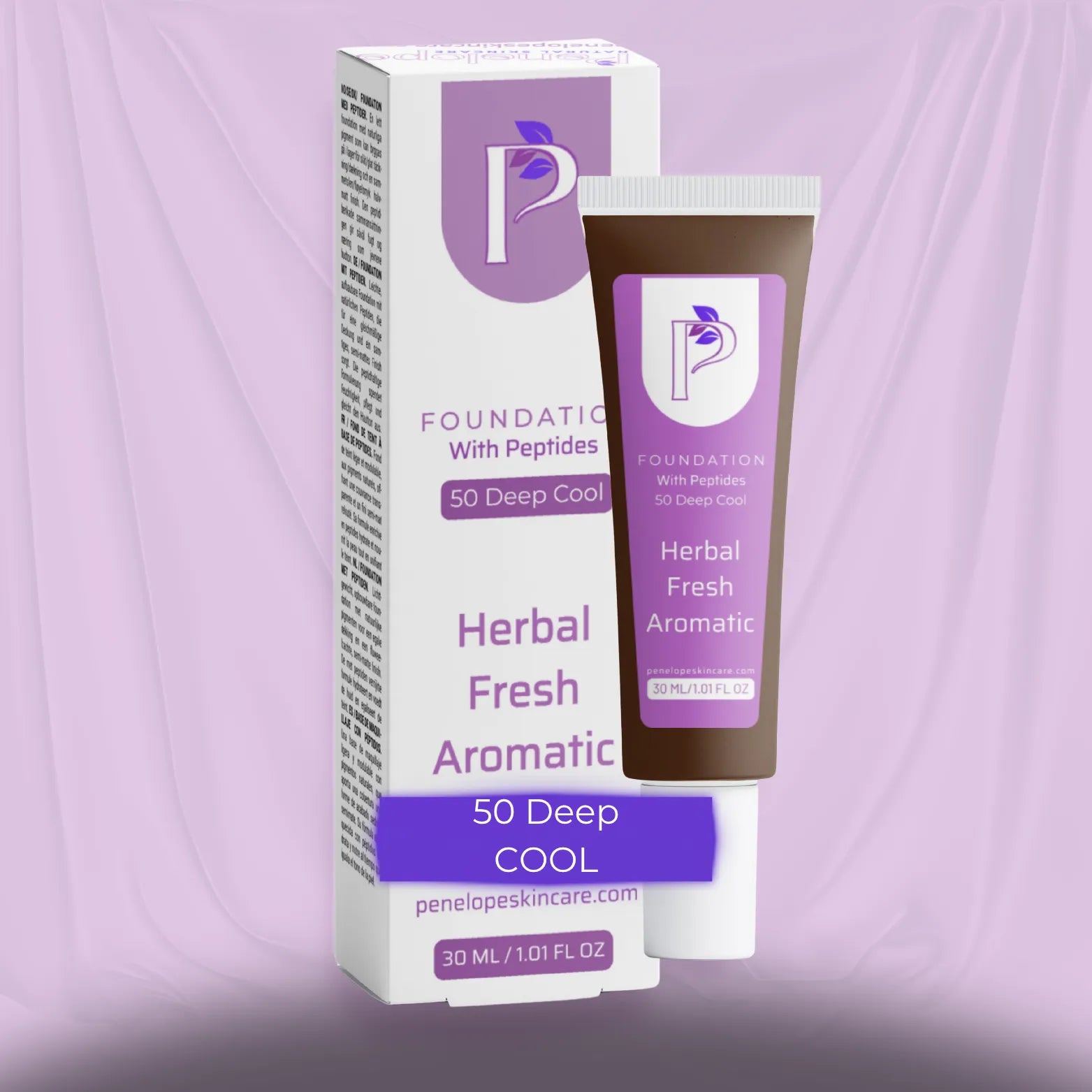 A 30 mL tube of Penelope Skincare '50 Deep COOL' Herbal Fresh Aromatic Foundation with Peptides, shown next to its white and purple packaging box against a draped lavender background.