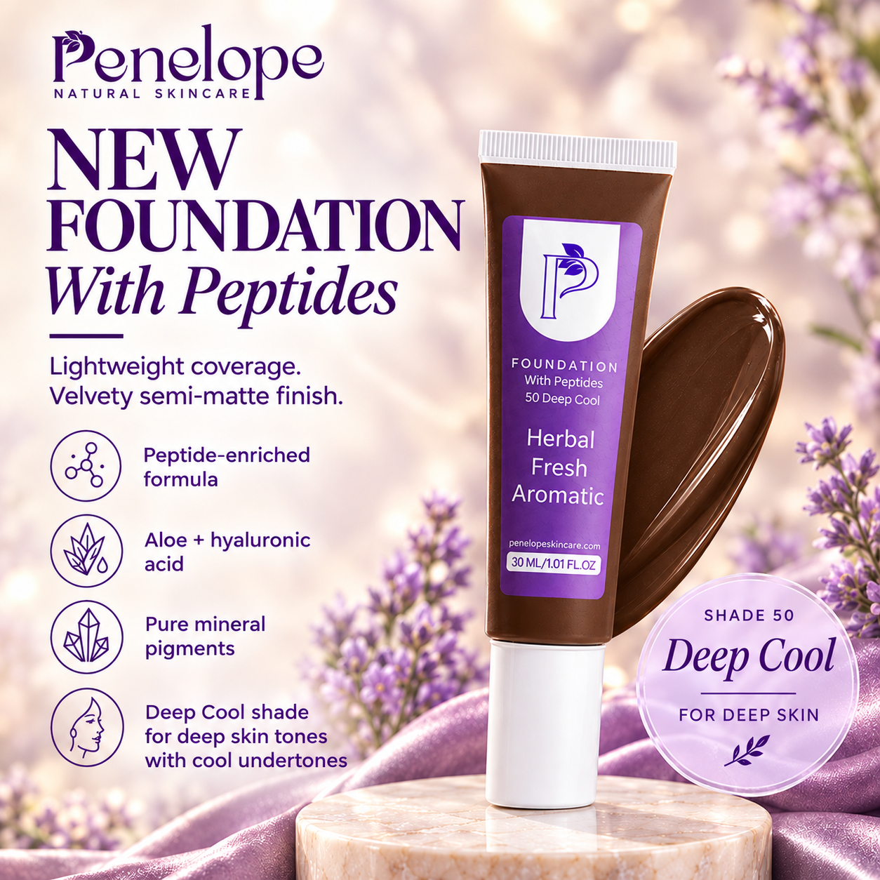 Penelope Natural Skincare Herbal Fresh Aromatic Foundation tube in shade 50 Deep Cool, displayed on a marble pedestal with lavender and purple fabric in the background. The image includes product features and benefits text on the left.