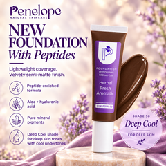 Penelope Natural Skincare Herbal Fresh Aromatic Foundation tube in shade 50 Deep Cool, displayed on a marble pedestal with lavender and purple fabric in the background. The image includes product features and benefits text on the left.